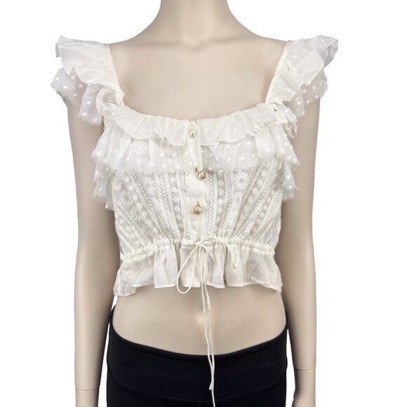 THE KOOPLES Feminine Embroidered Whiteโ Ruffled Crop Sheer Blouse Frilled Top S - Picture 3 of 14